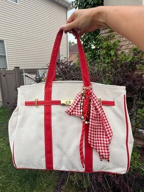 Viral Boatkin Canvas Tote Bag NWT Red Trim Coastal Granddaughter Large Tote